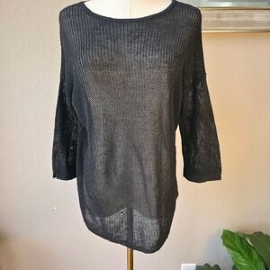 J Jill Women's Black Linen‎ Blend Knit 3/4 Sleeve Lightweight Sweater Top M